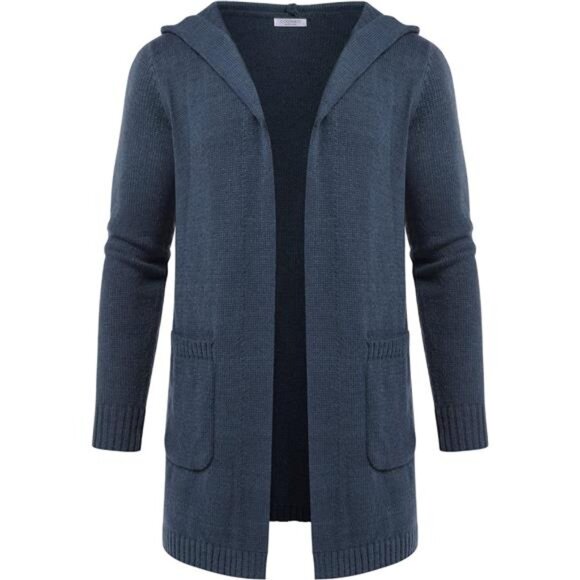 Men's Long Open Front Cardigan Sweater Hooded Knitted Cardigan with Pockets